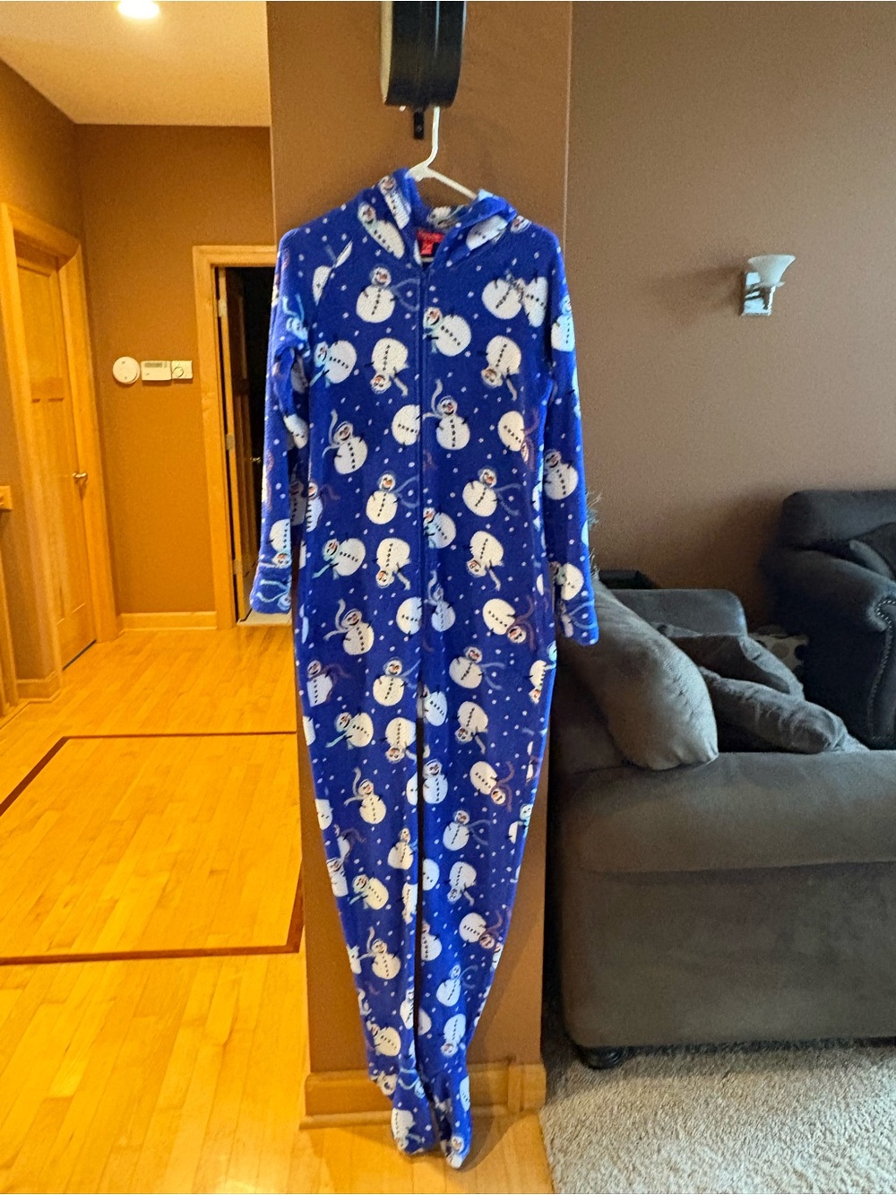 Blue Snowman Fleece Hooded One-Piece Footie Pajamas